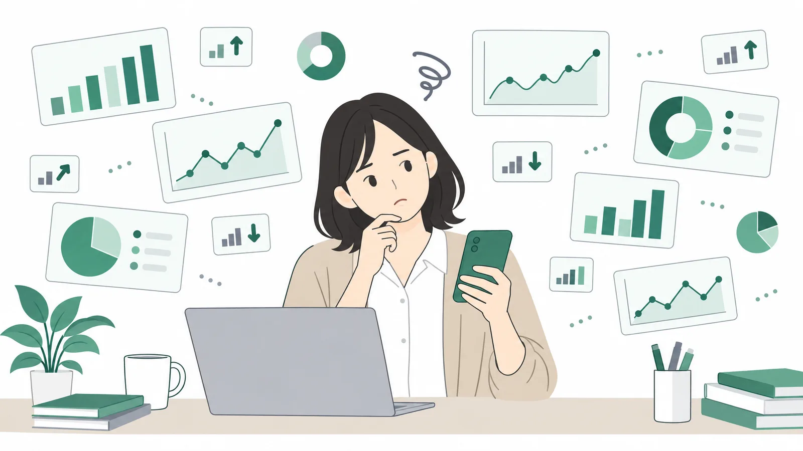 スマホのインサイト画面を見ながら首をかしげる女性