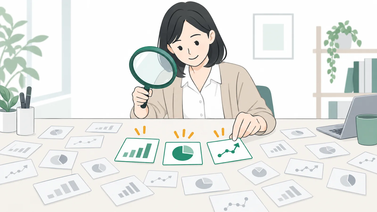 たくさんのカードの中から、虫めがねで3枚だけを選び出す女性