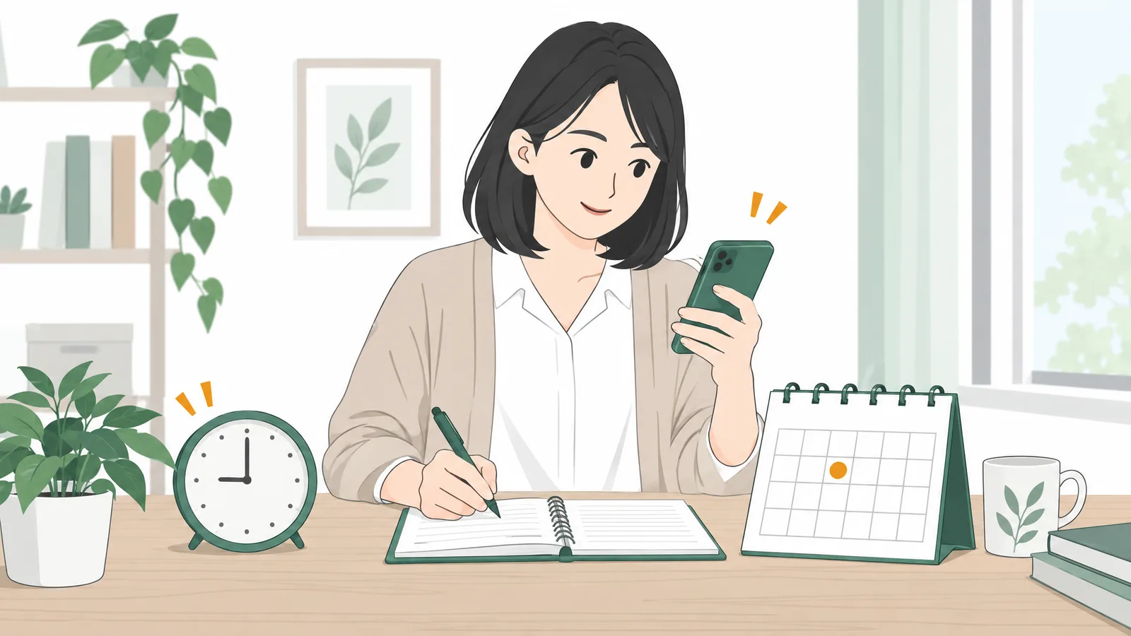 時計とカレンダーを横に置き、決まった時刻にノートへ記録する女性