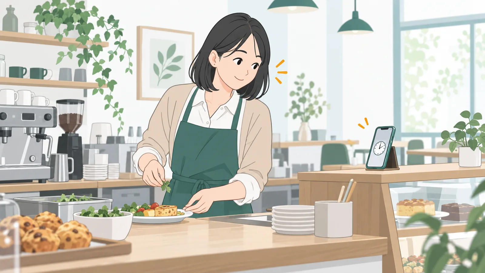 小さなお店で仕事をしながら、スマホの時計を気にしている女性