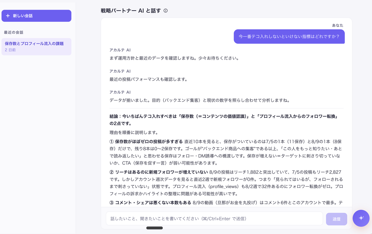 AIチャットの画面。「今一番テコ入れしないといけない指標はどれですか？」という質問に、AIが結論と理由を番号を付けて答えている